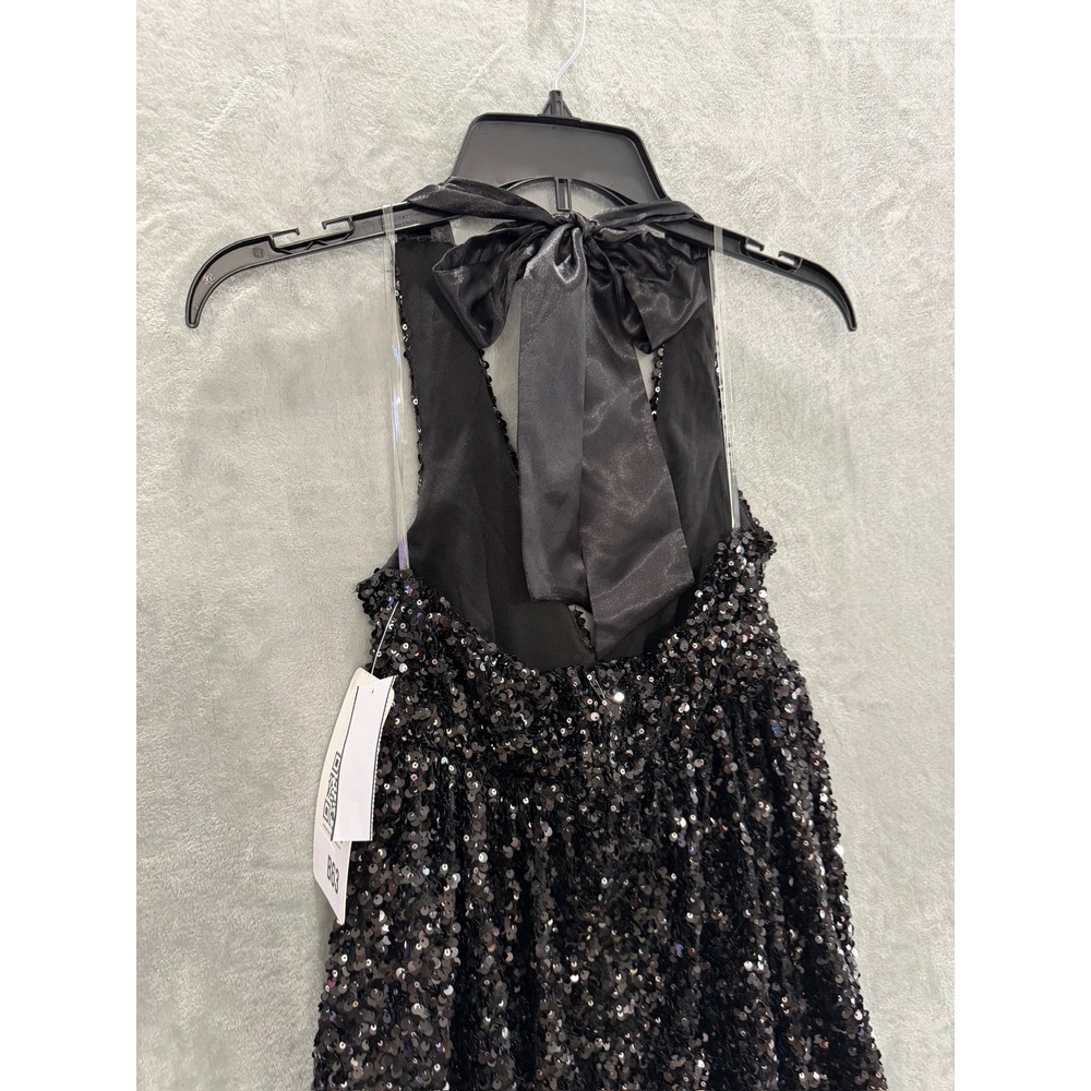 NWT Emerald Sundae Sequin Mini Dress Womens Black Satin Bow Open Back Sz S $89 - Picture 11 of 13